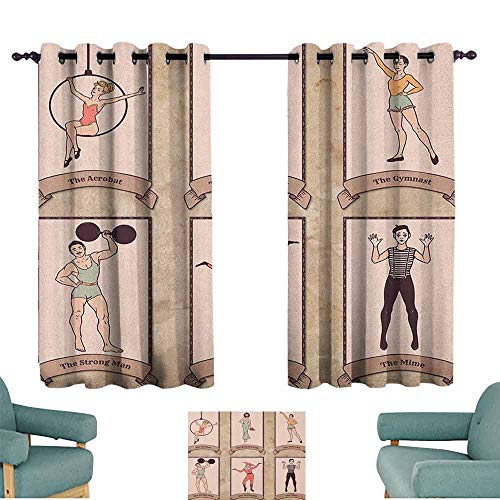 Cortinas para sala de estar Circo Vintage Circo Personajes Acrobat Barbudo Lady Gymnast Hombre Arlequín Mime Aislamiento Térmico Pestaña Parte posterior W108 x 213 cm Rosa Beige