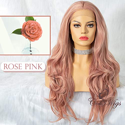 Cosswigs Long Wavy Lace Front Wig for Women Glueless Synthetic Pink Wig Heat Ok 24inches