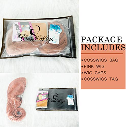 Cosswigs Long Wavy Lace Front Wig for Women Glueless Synthetic Pink Wig Heat Ok 24inches