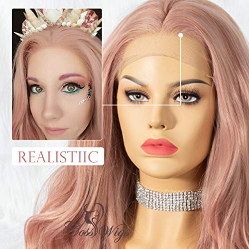 Cosswigs Long Wavy Lace Front Wig for Women Glueless Synthetic Pink Wig Heat Ok 24inches