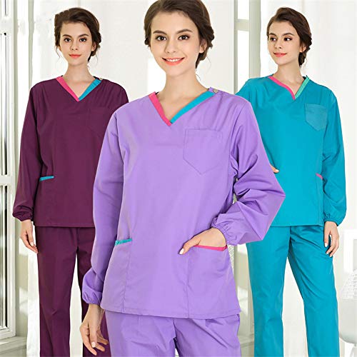 COTZFOZ Use médica friegan el Sistema de Trabajo de la Enfermera del Hospital Clínico Mujer con Cuello en V Farmacia Dental Traje Uniformes quirúrgica Top Pantalones Light Purple Long XL