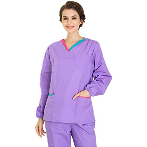 COTZFOZ Use médica friegan el Sistema de Trabajo de la Enfermera del Hospital Clínico Mujer con Cuello en V Farmacia Dental Traje Uniformes quirúrgica Top Pantalones Light Purple Long XL