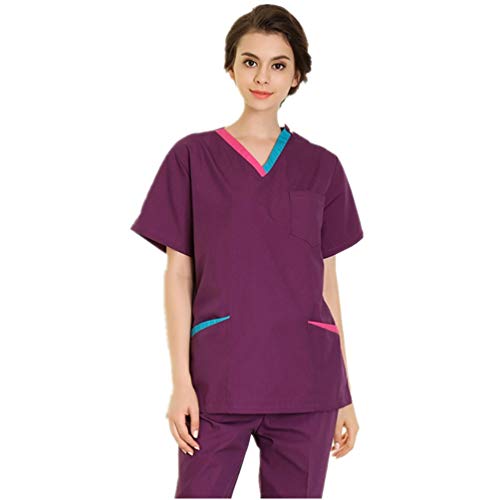 COTZFOZ Use médica friegan el Sistema de Trabajo de la Enfermera del Hospital Clínico Mujer con Cuello en V Farmacia Dental Traje Uniformes quirúrgica Top Pantalones Dark Purple ShortSet M