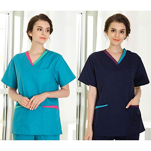 COTZFOZ Use médica friegan el Sistema de Trabajo de la Enfermera del Hospital Clínico Mujer con Cuello en V Farmacia Dental Traje Uniformes quirúrgica Top Pantalones Dark Purple ShortSet XL