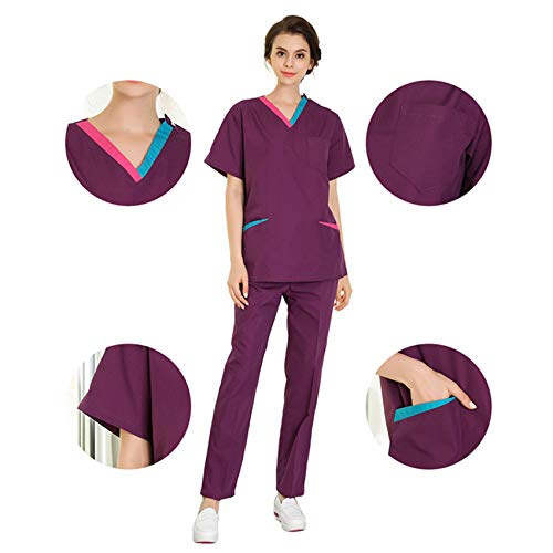 COTZFOZ Use médica friegan el Sistema de Trabajo de la Enfermera del Hospital Clínico Mujer con Cuello en V Farmacia Dental Traje Uniformes quirúrgica Top Pantalones Dark Purple ShortSet XL