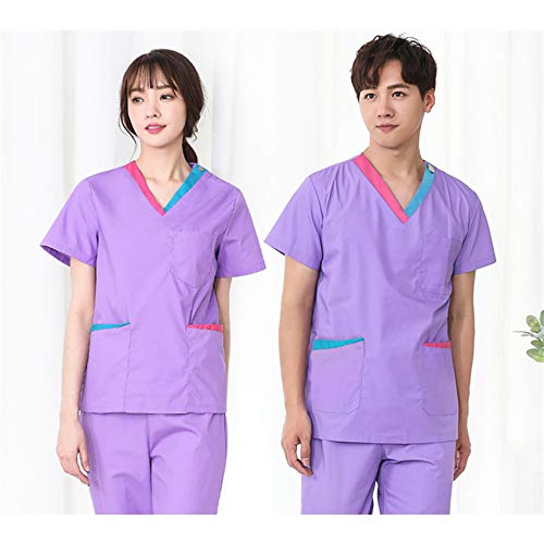 COTZFOZ Use médica friegan el Sistema de Trabajo de la Enfermera del Hospital Clínico Mujer con Cuello en V Farmacia Dental Traje Uniformes quirúrgica Top Pantalones Dark Purple ShortSet XL