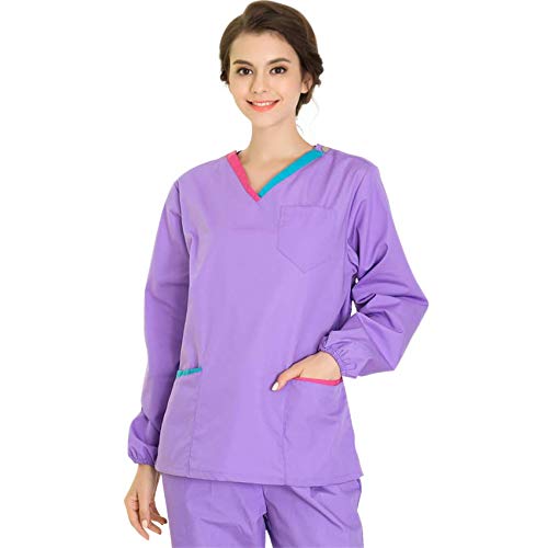 COTZFOZ Use médica friegan el Sistema de Trabajo de la Enfermera del Hospital Clínico Mujer con Cuello en V Farmacia Dental Traje Uniformes quirúrgica Top Pantalones Dark Purple ShortSet XL