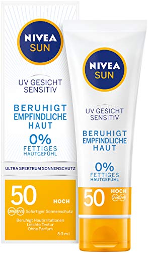 Crema solar Nivea Sun UV facial Sensitiv en paquete de 1 unidad (1 x 50 ml), crema facial con FPS 50+ para pieles sensibles, protección solar calmante las irritaciones de la piel