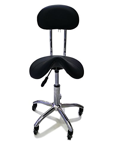 Crisnails® Taburete de Peluquería, Silla de Peluquería, Asiento de Material Cuero Sintético y Diseño Ergonómico, Altura Regulable, Giratorio 360º y Base Estable con 5 Rueditas, Color Negro