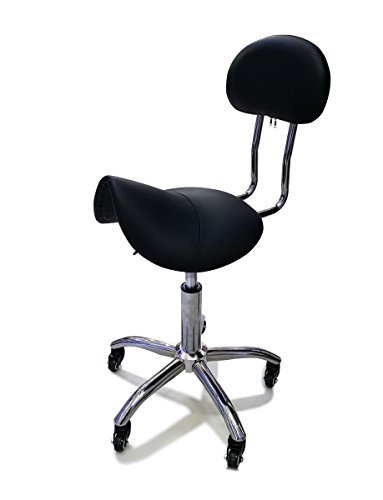 Crisnails® Taburete de Peluquería, Silla de Peluquería, Asiento de Material Cuero Sintético y Diseño Ergonómico, Altura Regulable, Giratorio 360º y Base Estable con 5 Rueditas, Color Negro