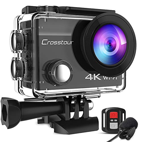 Crosstour 4K 20MP Cámara de acción Webcam WiFi EIS Impermeable 40M con micrófono Externo y Control Remoto