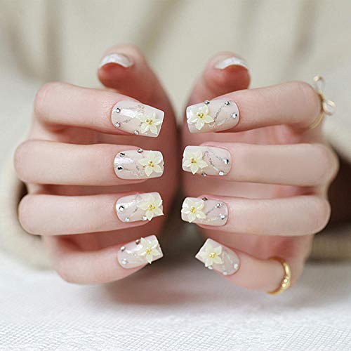 CSCH Uñas postizas 24pcs / set of trendy and elegante long design fake nails rhinestone bead nail decoration full cover nupcial nail art tips uñas postizas