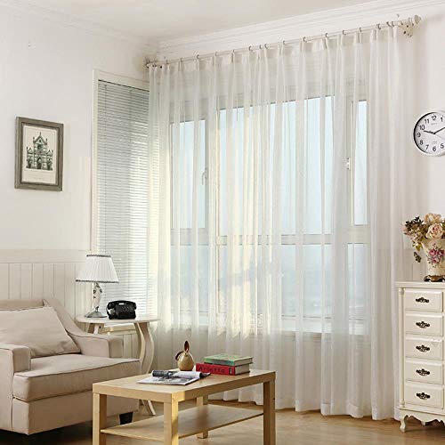 CTOBB Pantalla de Ventana Blanca Pura Tela Transparente Simple y Moderna Cortina de Tul de Rayas de Alambre de Plata Brillante para Sala de Estar Dormitorio M135-50, Blanco, W350CM X H260CM
