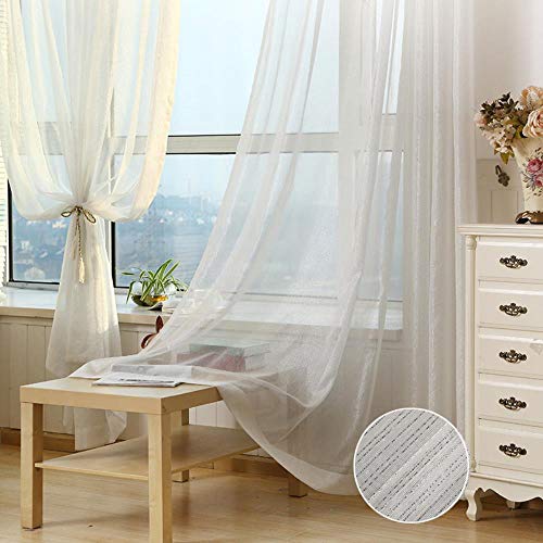 CTOBB Pantalla de Ventana Blanca Pura Tela Transparente Simple y Moderna Cortina de Tul de Rayas de Alambre de Plata Brillante para Sala de Estar Dormitorio M135-50, Blanco, W350CM X H260CM