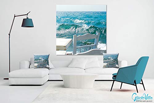 Cuadro XXL de 60 x 60 cm, impresión digital sobre lienzo sobre lienzo, marco de 2 cm de Grecia, silla mar ola Café Taverne blanco beige azul