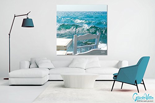 Cuadro XXL de 60 x 60 cm, impresión digital sobre lienzo sobre lienzo, marco de 2 cm de Grecia, silla mar ola Café Taverne blanco beige azul