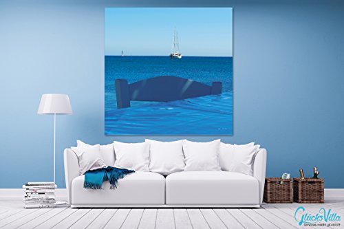 Cuadro XXL de 80 x 80 cm cuadrado, impresión digital sobre lienzo sobre lienzo, marco de 2 cm de Grecia, Egeo, Isla Taverne Boot silla blanca azul amor grande