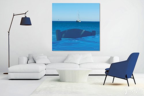Cuadro XXL de 80 x 80 cm cuadrado, impresión digital sobre lienzo sobre lienzo, marco de 2 cm de Grecia, Egeo, Isla Taverne Boot silla blanca azul amor grande