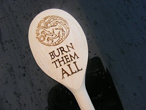 Cuchara de madera FastCraft inspirada en Juego de Tronos para cocinar. Regalo de cumpleaños con inscripción grabada con láser en inglés (Burn Them All)