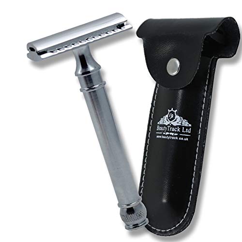 Cuchilla de afeitar clásica de doble filo | elegante y cómodo mango recubierto negro | Acero inoxidable | La cuchilla de afeitar para hombre viene en bolsa de cuero