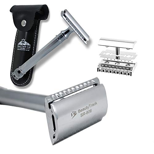 Cuchilla de afeitar clásica de doble filo | elegante y cómodo mango recubierto negro | Acero inoxidable | La cuchilla de afeitar para hombre viene en bolsa de cuero