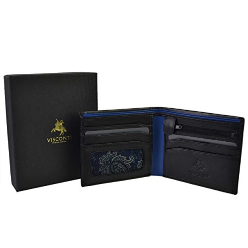 Cuero Hombre Elegante Cartera Plegable de Visconti; Parma Colección Caja de Regalo Motivo Cachemira - Negro Cobalto