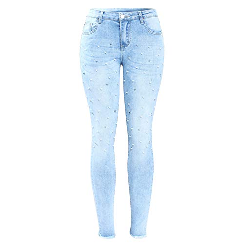 cul-IUWJK Plus Size Jeans with Studded Pearls Woman Elegant Stretchy Denim Skinny Pants Trousers For Women,Light Blue,L