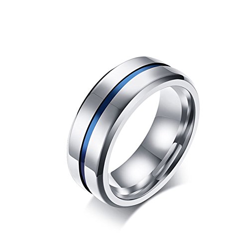 Daesar Anillo de Acero Inoxidable para Hombre Anillos 8MM Anillo Azul Rayas Plata Anillos con Grabado Gratis Anillo Talla 25