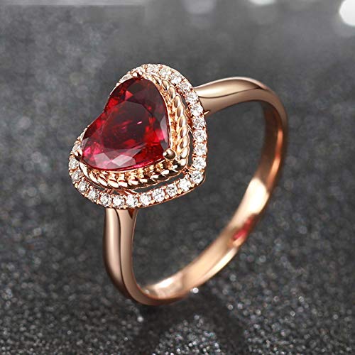 Daesar Anillos de Oro Rosa 18K Mujer Corazón Turmalina Roja Blanca 1.37ct Talla 16