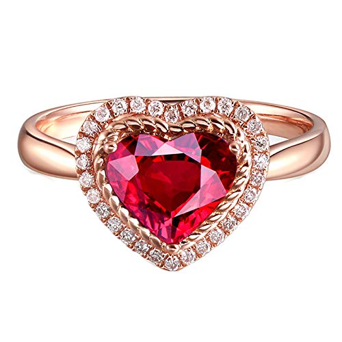Daesar Anillos de Oro Rosa 18K Mujer Corazón Turmalina Roja Blanca 1.37ct Talla 16