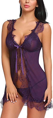 Damas Semitransparente Muñeca del Cordón De La Red Remiendo Mode Básicos Floral Vestido De La Noche con La G-Secuencia De La Ropa Interior Erótica Pijamas Festivos (Color : Z-Lila, Size : 2XL)