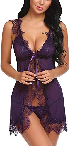 Damas Semitransparente Muñeca del Cordón De La Red Remiendo Mode Básicos Floral Vestido De La Noche con La G-Secuencia De La Ropa Interior Erótica Pijamas Festivos (Color : Z-Lila, Size : 2XL)