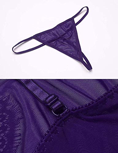 Damas Semitransparente Muñeca del Cordón De La Red Remiendo Mode Básicos Floral Vestido De La Noche con La G-Secuencia De La Ropa Interior Erótica Pijamas Festivos (Color : Z-Lila, Size : 2XL)