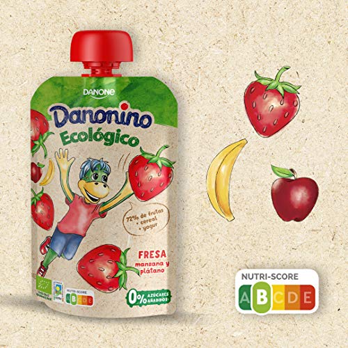 Danonino Pouch sin azúcares añadidos: Alimento Infantil Ecológico Con Fresa, Manzana Y Plátano - 12 Unidades de 90g