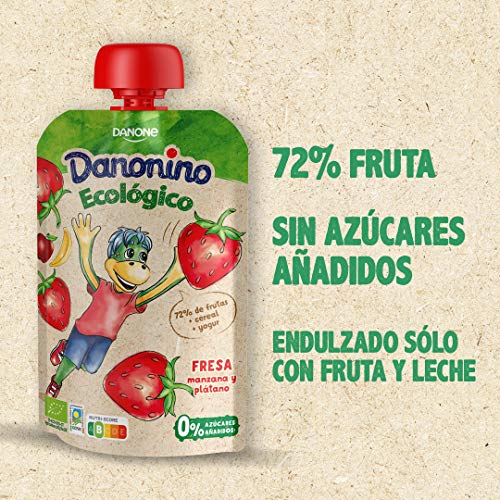 Danonino Pouch sin azúcares añadidos: Alimento Infantil Ecológico Con Fresa, Manzana Y Plátano - 12 Unidades de 90g