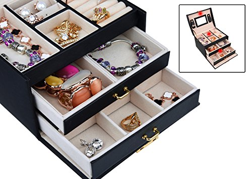 DCCN Jewellery Box Estuche de cosméticos Caja de Almacenamiento de joyería de Cuero de PU de Tres Capas con Espejo y Cerradura, Regalo para niñas o Mujeres(Negro)