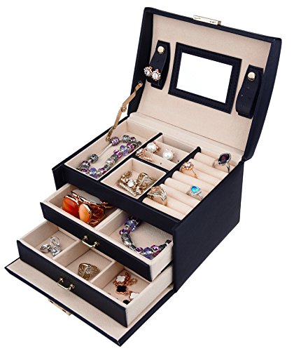DCCN Jewellery Box Estuche de cosméticos Caja de Almacenamiento de joyería de Cuero de PU de Tres Capas con Espejo y Cerradura, Regalo para niñas o Mujeres(Negro)