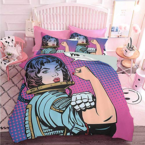 Decoración para el hogar Textil Retro 50s 40s Comics Magazine Mujer Figura con imagen de ídolo de los derechos de la mujer (3 piezas, gran tamaño King Size) 1 funda de edredón y 2 fundas de almohada