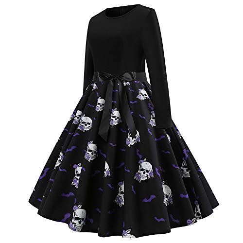 DEELIN Moda De La Mujer Negro Vintage Calabaza CráNeo Imprimir Manga Larga Noche De Halloween Fiesta De Swing Vestido De Manga Larga Vestido De Fiesta De Halloween