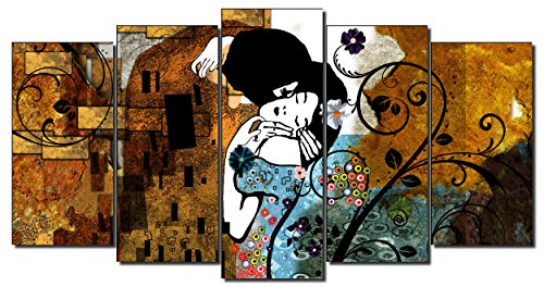 DekoArte 275 - Cuadros Modernos Impresión de Imagen Artística Digitalizada | Lienzo Decorativo para Tu Salón o Dormitorio | Estilo Abstractos Arte Gustav Klimt El Beso | 5 Piezas 200 x 100 cm XXL