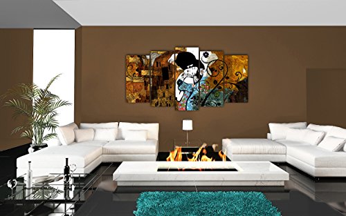 DekoArte 275 - Cuadros Modernos Impresión de Imagen Artística Digitalizada | Lienzo Decorativo para Tu Salón o Dormitorio | Estilo Abstractos Arte Gustav Klimt El Beso | 5 Piezas 200 x 100 cm XXL