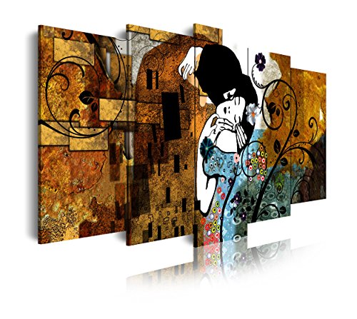 DekoArte 275 - Cuadros Modernos Impresión de Imagen Artística Digitalizada | Lienzo Decorativo para Tu Salón o Dormitorio | Estilo Abstractos Arte Gustav Klimt El Beso | 5 Piezas 200 x 100 cm XXL