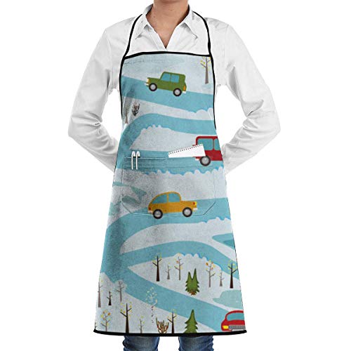 Delantal con peto ajustable con lazos extra largos de bolsillo para mujeres, hombres, multicolores, chef, cocina, hogar, restaurante, cafetería, cocina, panadería, jardinería, automóviles Winter Fores