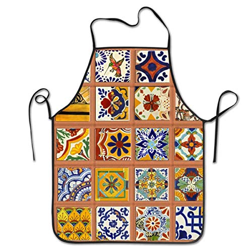 Delantal de cocina Talavera con diseño de azulejos mexicanos y cintura ajustable, cómodo perfecto para la guía de cocina