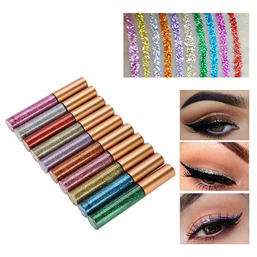 Delineador de ojos líquido, 10 unidades, 10 colores, con purpurina de diamante, delineador de ojos líquido brillante metálico, lápiz delineador de ojos, larga duración, resistente al agua