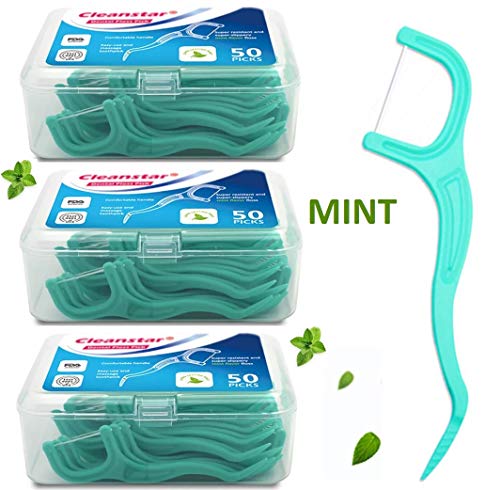 Den-Care - Púas de hilo dental, 150 unidades, con sabor a menta, varillas de hilo dental, púas de limpieza de dientes, hilo dental esencial, paquete de 3