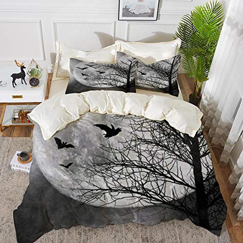 Derun Juego de Fundas de edredón,Cielo Vacaciones Murciélagos embrujados Noche de Vuelo Luna Llena Truco Espeluznante Misteri/Microfibra Funda de Nórdico (Cama 200 x 200 cm + Almohada 50X80cm)