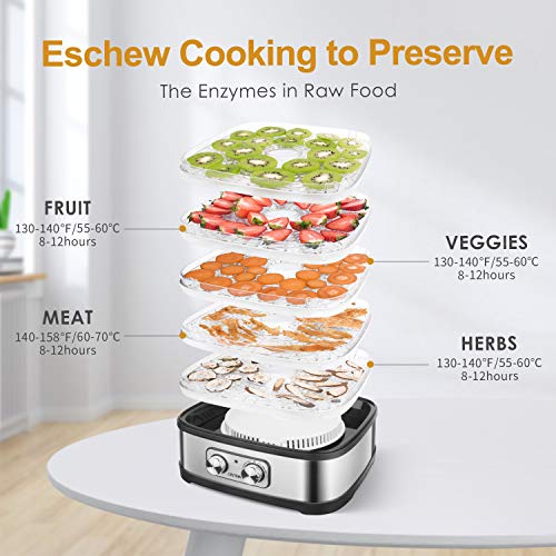 Deshidratador de Alimentos 240W OSTBA, Desecadora de Fruta con 5 Bandejas Ajustables, Temperatura Regulable 35 °C-70 °C y Temporizador 0-72h,para Verduras Carne Flores,sin BPA