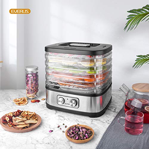 Deshidratador de Alimentos 240W OSTBA, Desecadora de Fruta con 5 Bandejas Ajustables, Temperatura Regulable 35 °C-70 °C y Temporizador 0-72h,para Verduras Carne Flores,sin BPA