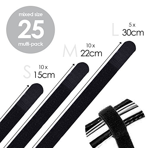 Desire2 Cable Ties Hook & Loop Reusable Cord Fastening Wraps Straps Mixed Size Pack 25 pcs for All TV, PC, iMac, Tablet - Black